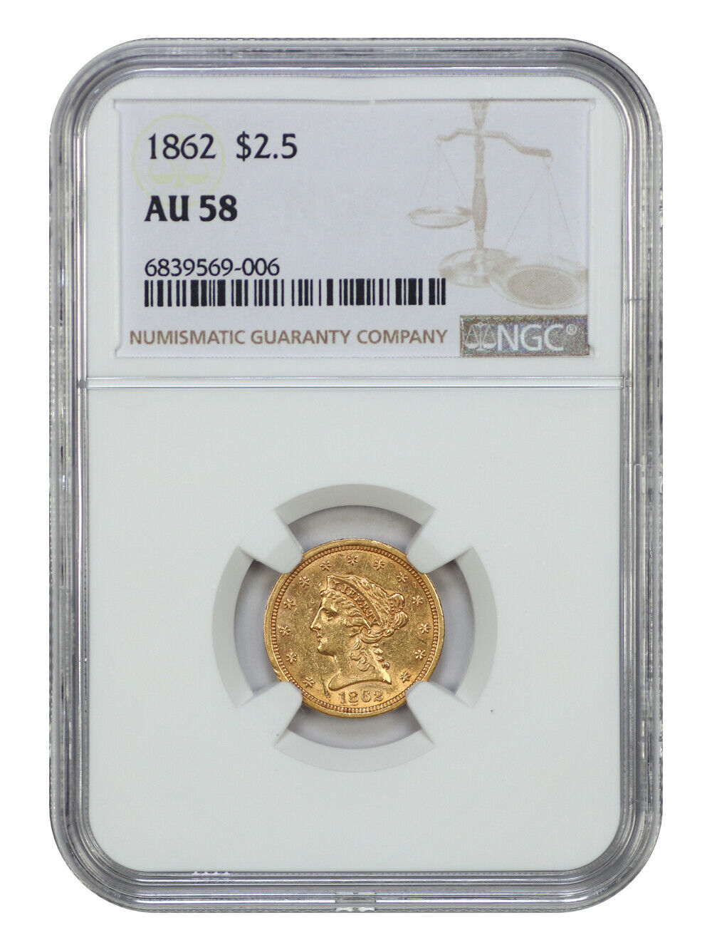 1862 $2.50 NGC AU58 - Liberty Head $2.5 - Scarce Low Mintage Civil War Era Issue