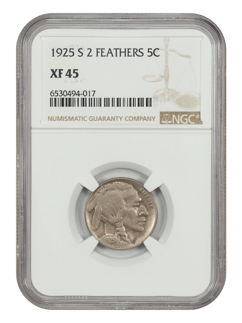 1925-S 5C NGC XF45 (2 Feathers) - Buffalo Nickel - Rare Variety