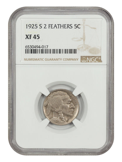 1925-S 5C NGC XF45 (2 Feathers) - Buffalo Nickel - Rare Variety