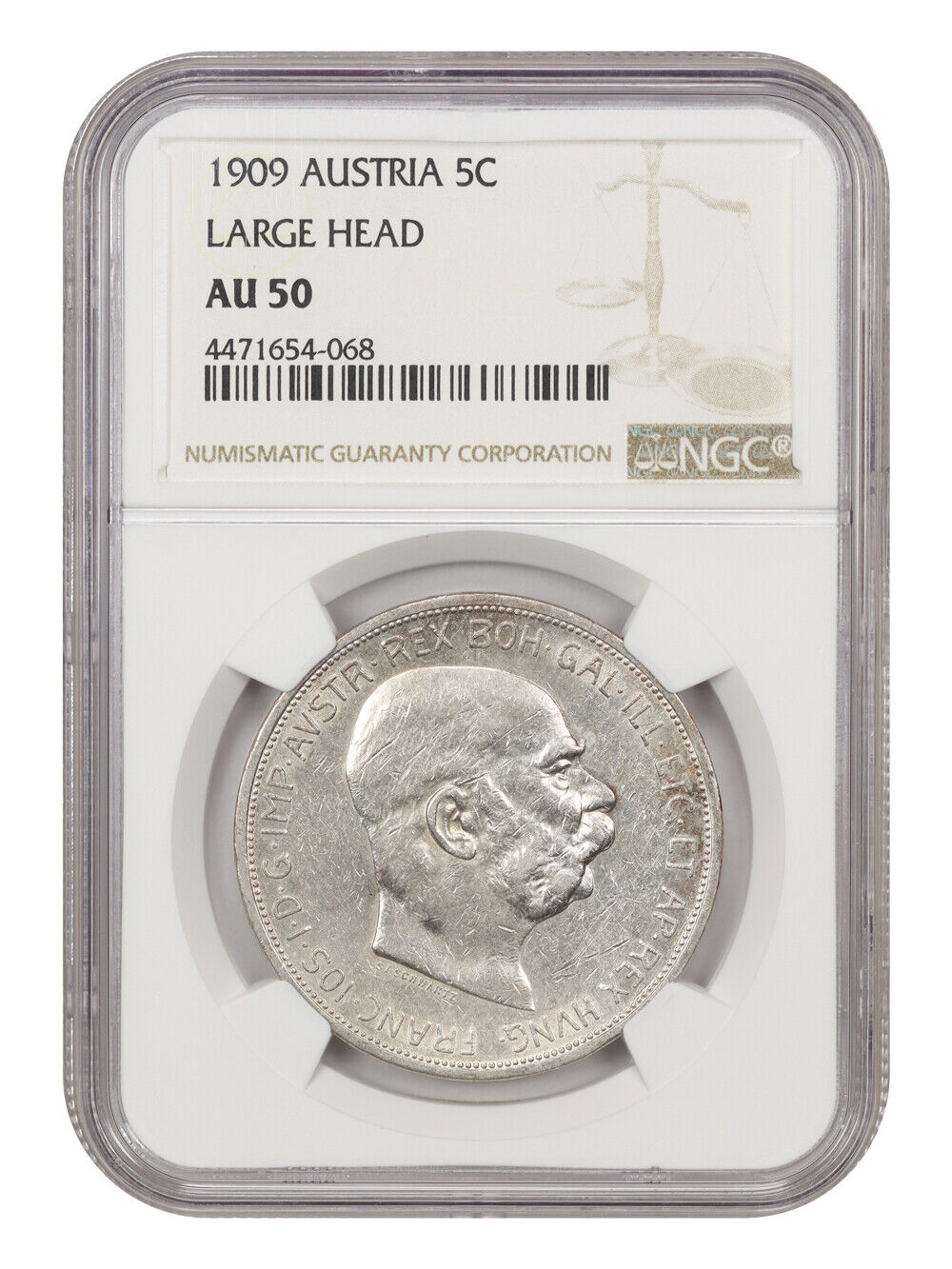 Austria: 1909 5c Large Head NGC AU50