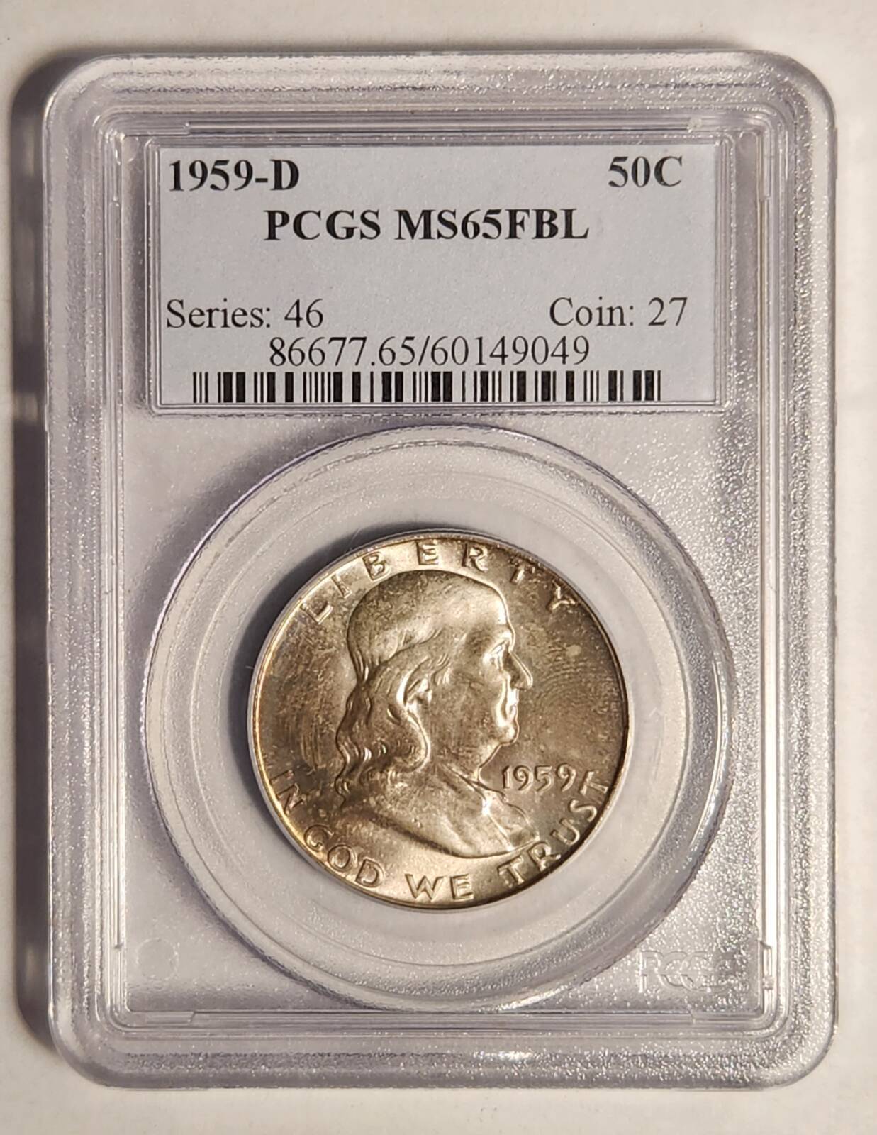 1959 D Franklin Half Dollar PCGS MS-65 FBL - SMALL CASE CHIP