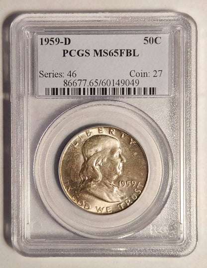 1959 D Franklin Half Dollar PCGS MS-65 FBL - SMALL CASE CHIP