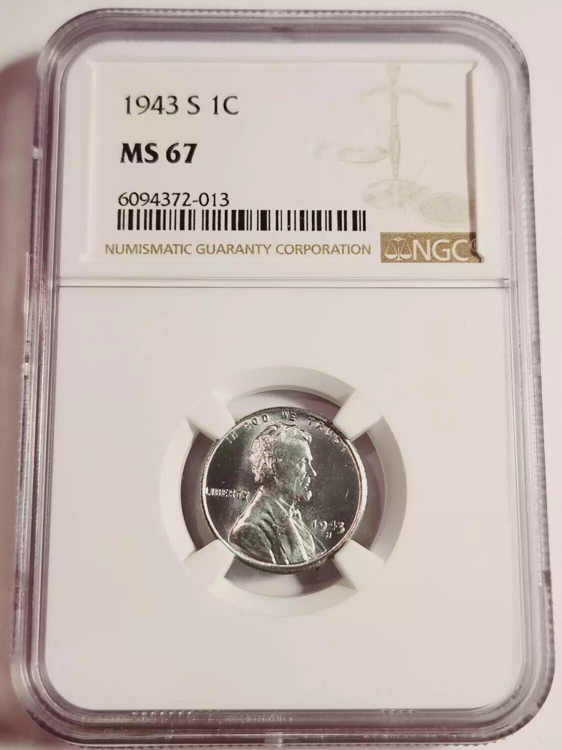 1943 S Small Cent Lincoln, Steel Penny NGC MS-67