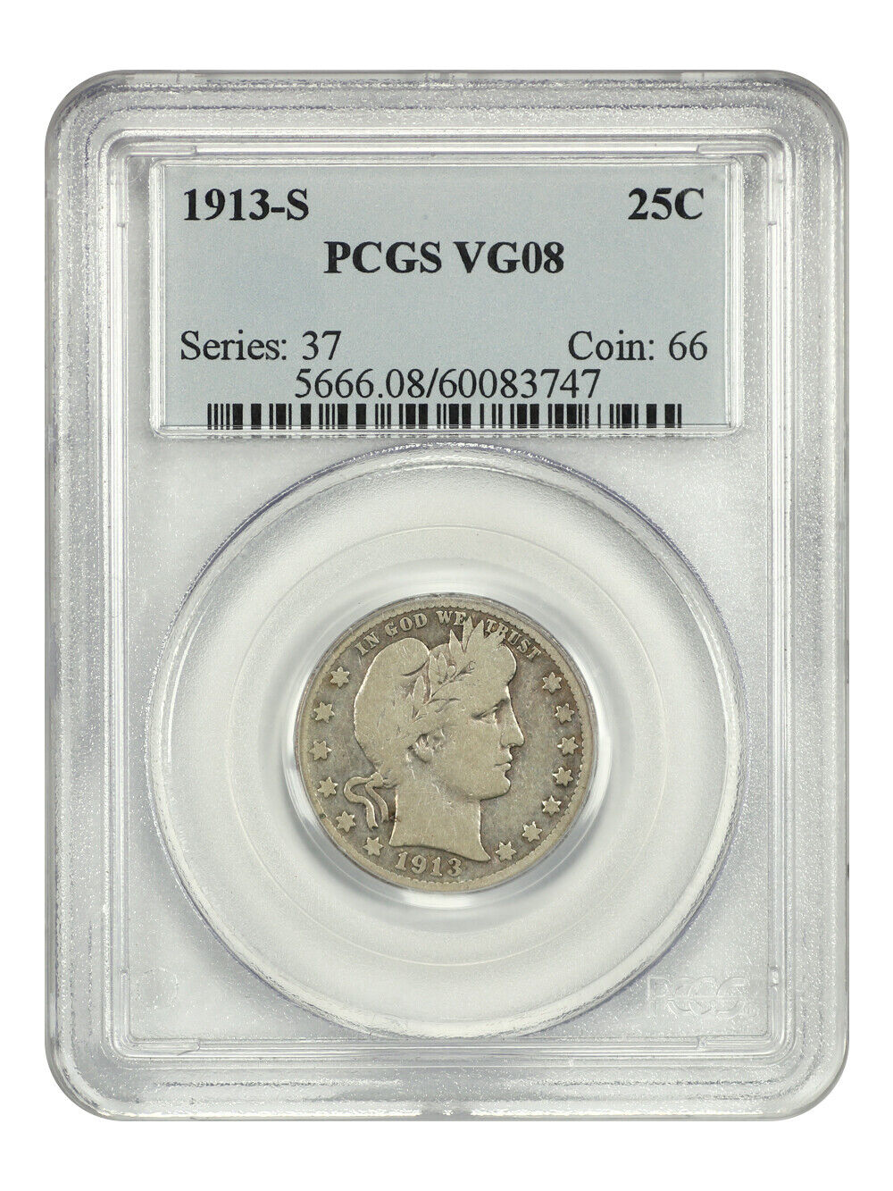 1913-S 25C PCGS VG08 - Barber Quarter - Famous Key Date