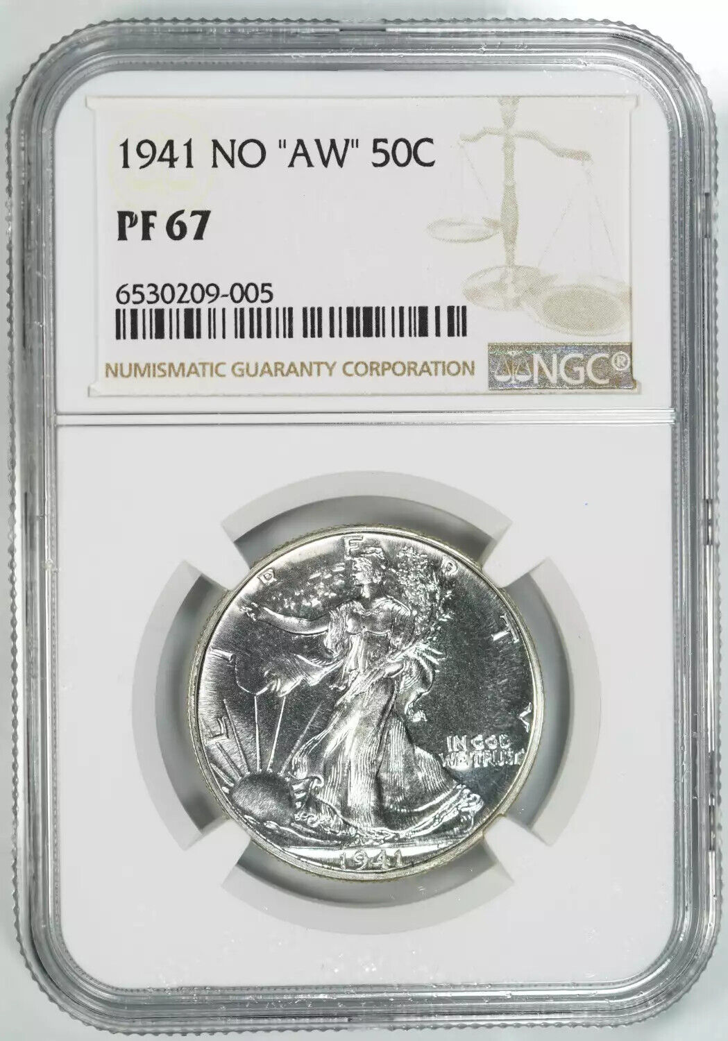 1941 PROOF WALKING LIBERTY HALF DOLLAR 50C NO 'AW' NGC PF 67 PROOF (005)