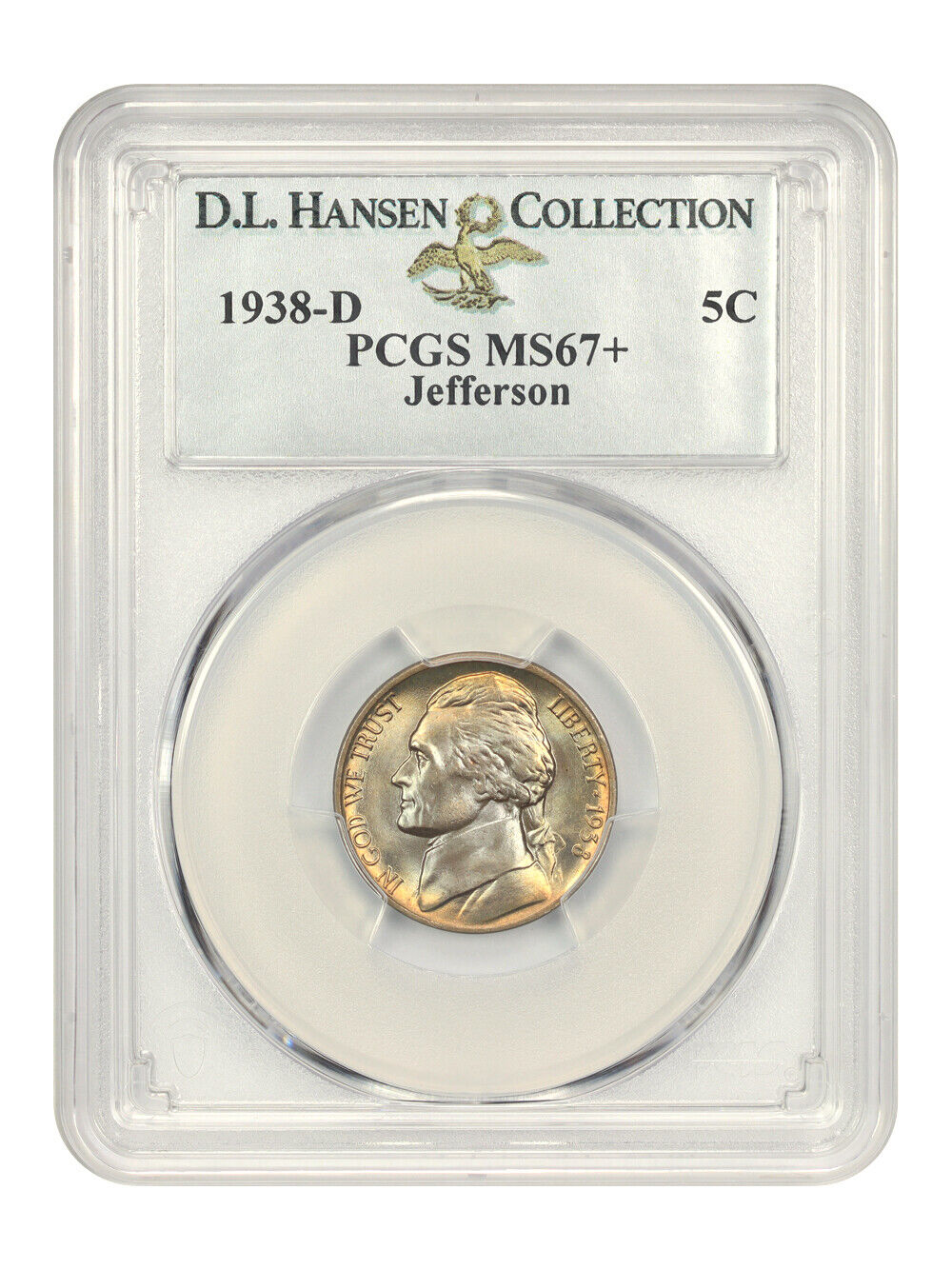 1938-D Jefferson 5c PCGS MS67+ ex: D.L. Hansen