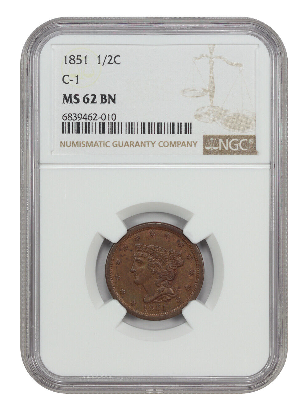 1851 1/2C Cohen 1 NGC MS62BN - Braided Hair Half Cent