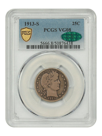 1913-S 25C PCGS/CAC VG08 - Barber Quarter - Famous Key Date