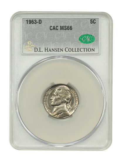 1963-D 5C CACG MS66 ex: D.L. Hansen - Jefferson Nickel