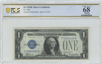 1928 E $1 Silver Certificate PCGS Banknote Superb Gem 68 PPQ FR# 1605