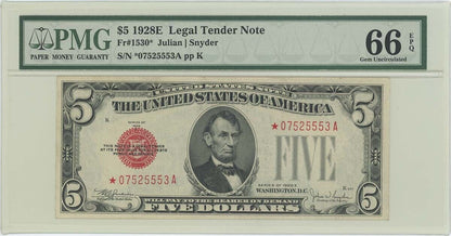 1928E $5 Legal Tender FR#1530* PMG 66 Gem UNC EPQ Star