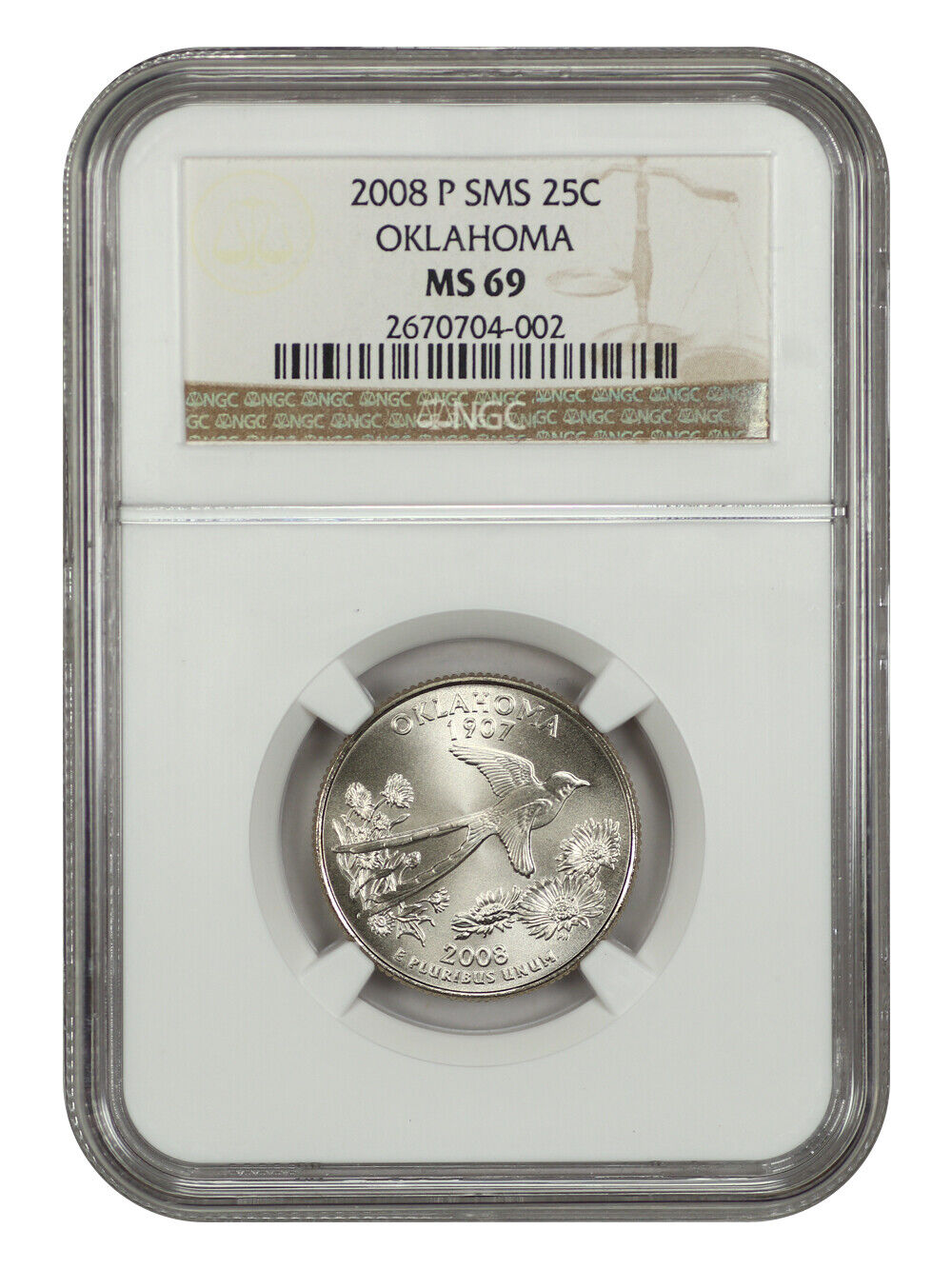 2008-P 25C Oklahoma NGC SP69 (Satin Finish) - Washington 50 States Quarters