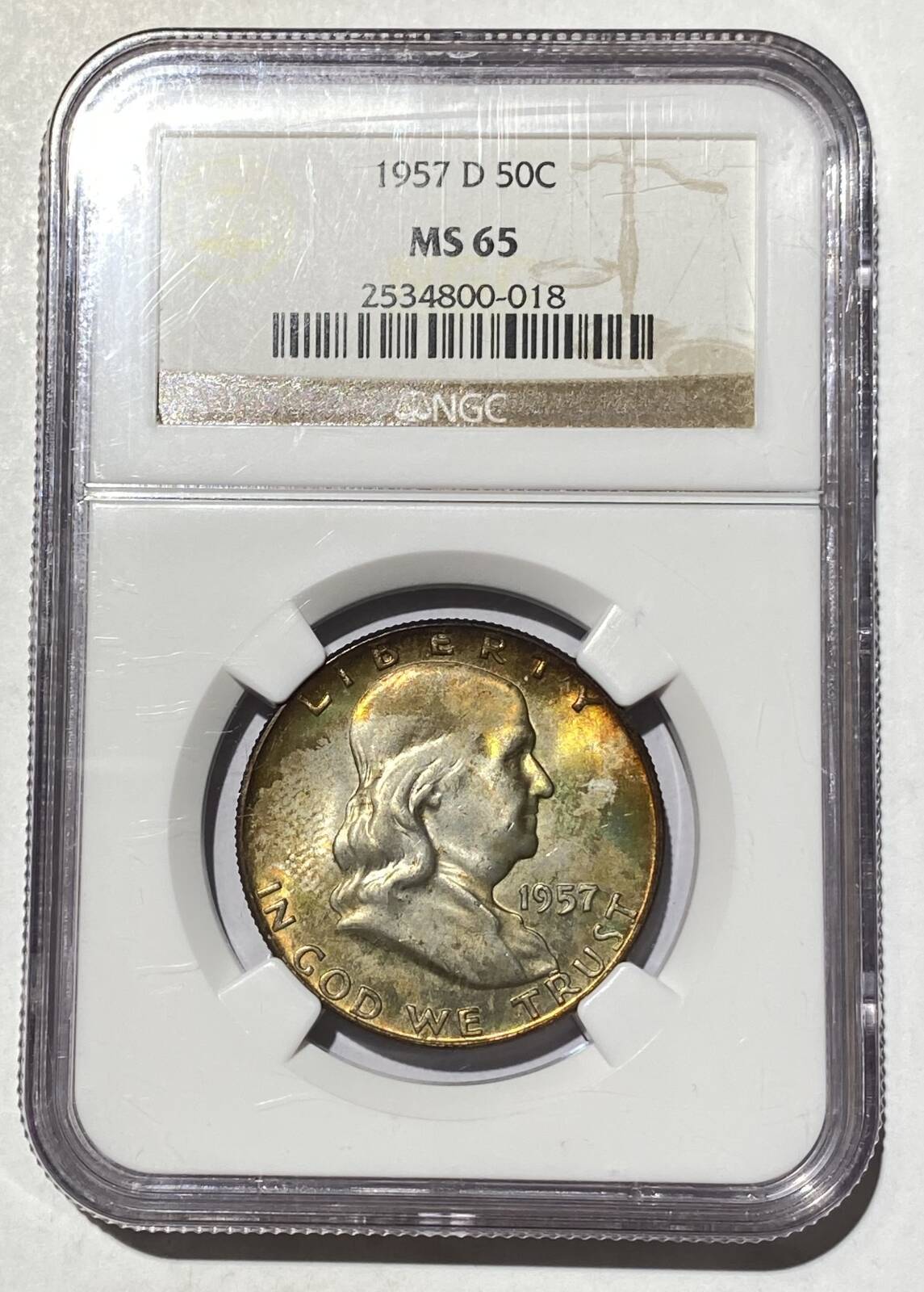 1957 D Franklin Half NGC MS-65 Rainbow Toning