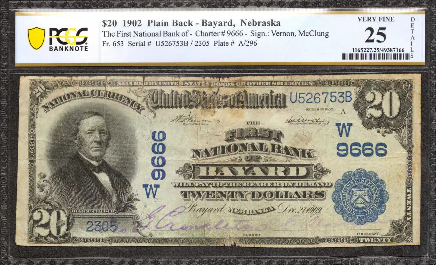 1902 $20 FIRST NATIONAL BANKNOTE CURRENCY BAYARD NEBRASKA PCGS 25 VF (753B)