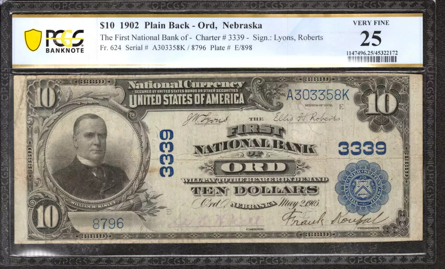 1902 $10 FIRST NATIONAL BANKNOTE CURRENCY FR.624 ORD NEBRASKA PCGS 25 VF (358K)