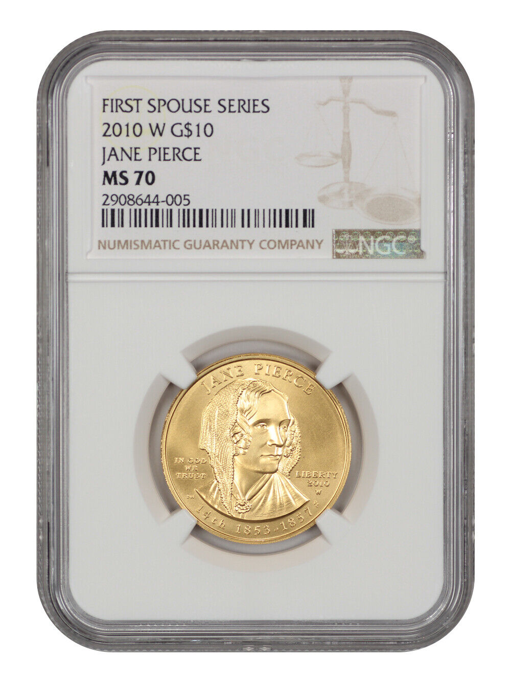 2010-W $10 Jane Pierce NGC MS70