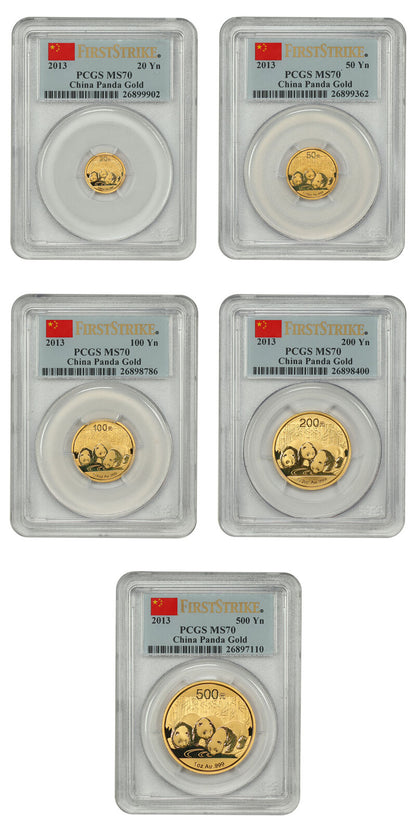 China: 2013 Gold Panda Prestige Set PCGS Gem BU (5 Coins, First Strike, w/Box &