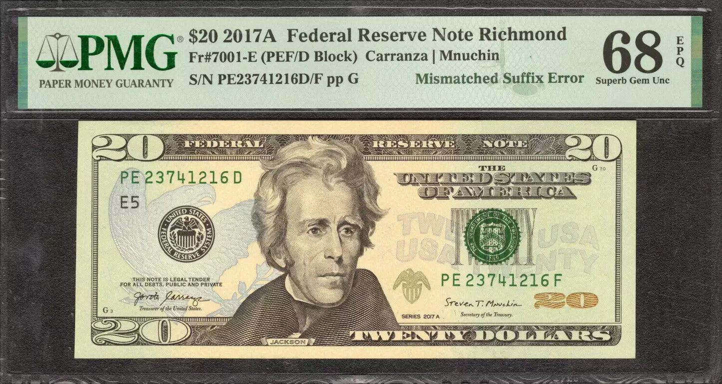 2017 A $20 FRN RICHMOND MISMATCHED SUFFIX ERROR NOTE PMG SUPERB GEM 68 EPQ (216F