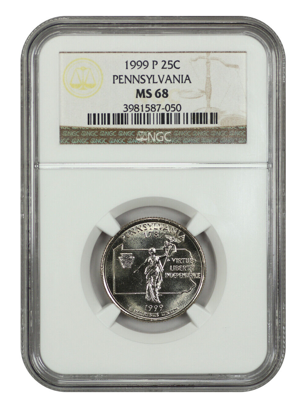 1999-P 25C Pennsylvania NGC MS68 - Washington 50 States Quarters