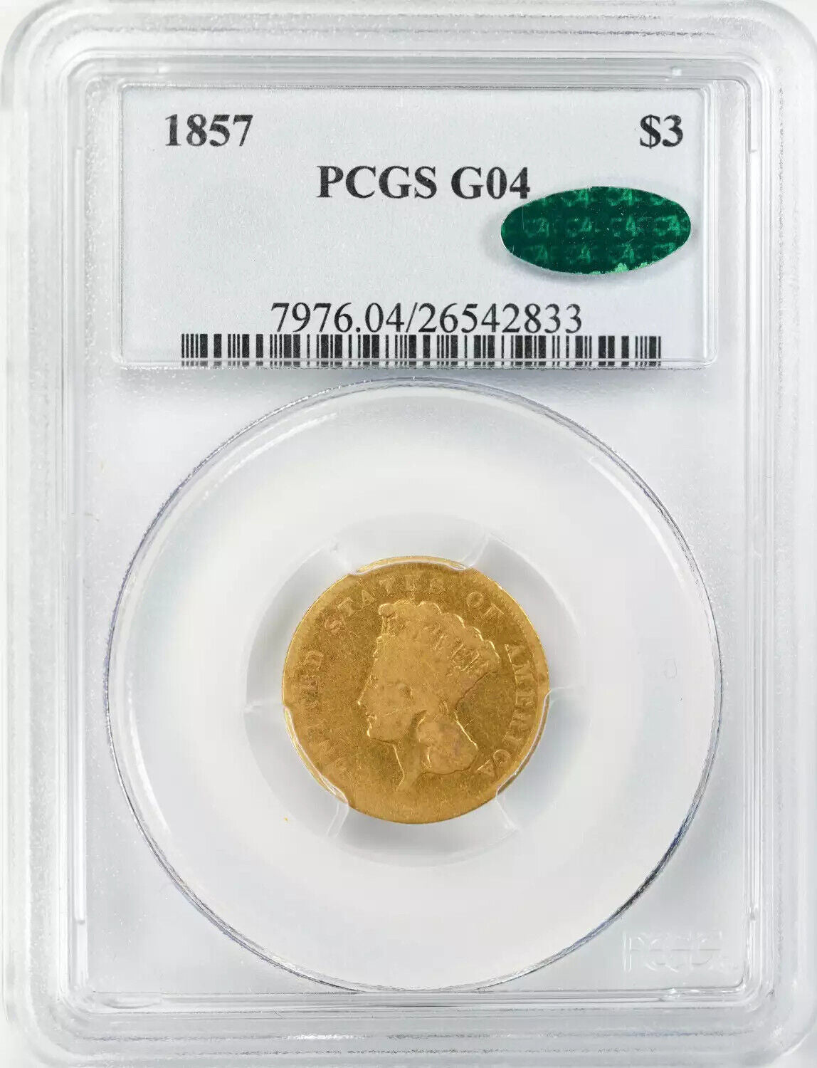 1857 THREE DOLLAR GOLD PIECE $3 INDIAN PRINCESS PCGS & CAC CERT G 04 GOOD (833)