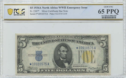 1934A $5 WWII N Africa FR#2307* PCGS BankNote 65 Gem PPQ Star Note