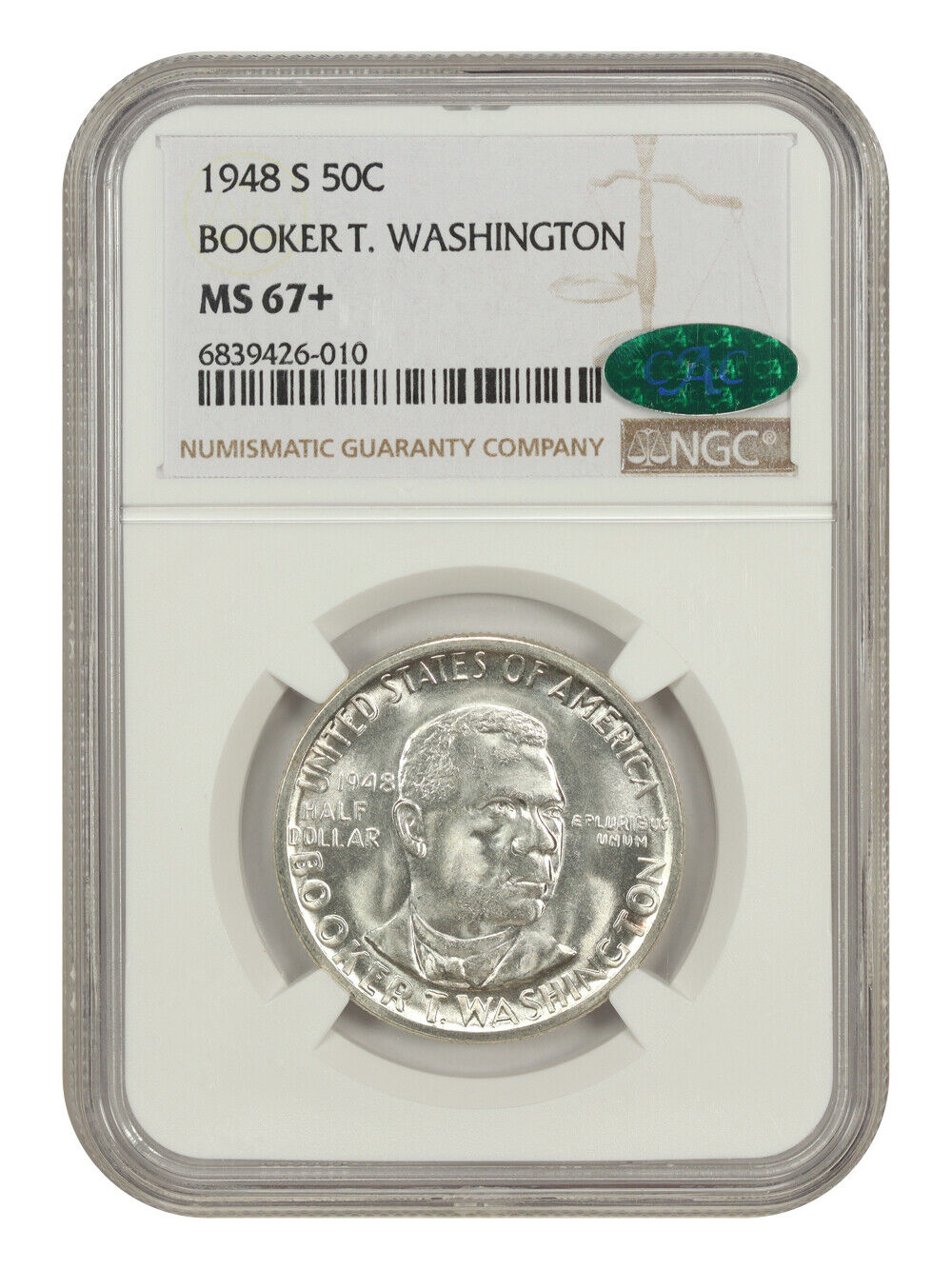 1948-S 50C Booker T. Washington NGC/CAC MS67+ - Classic Silver Commemorative