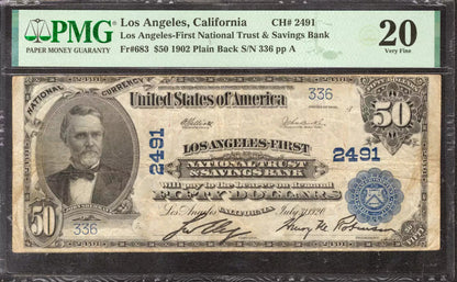 1902 $50 LOS ANGELES FIRST NATIONAL BANKNOTE CURRENCY CALIFORNIA PMG VF 20