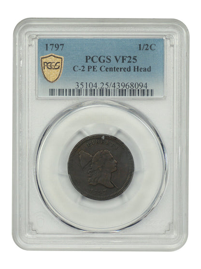 1797 1/2C PCGS VF25 (C-2, PE, Centered Head) - Liberty Cap Half Cent