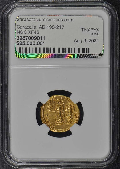 Caracalla, AD 198-217 ROMAN EMPIRE AV Aureus NGC XF45