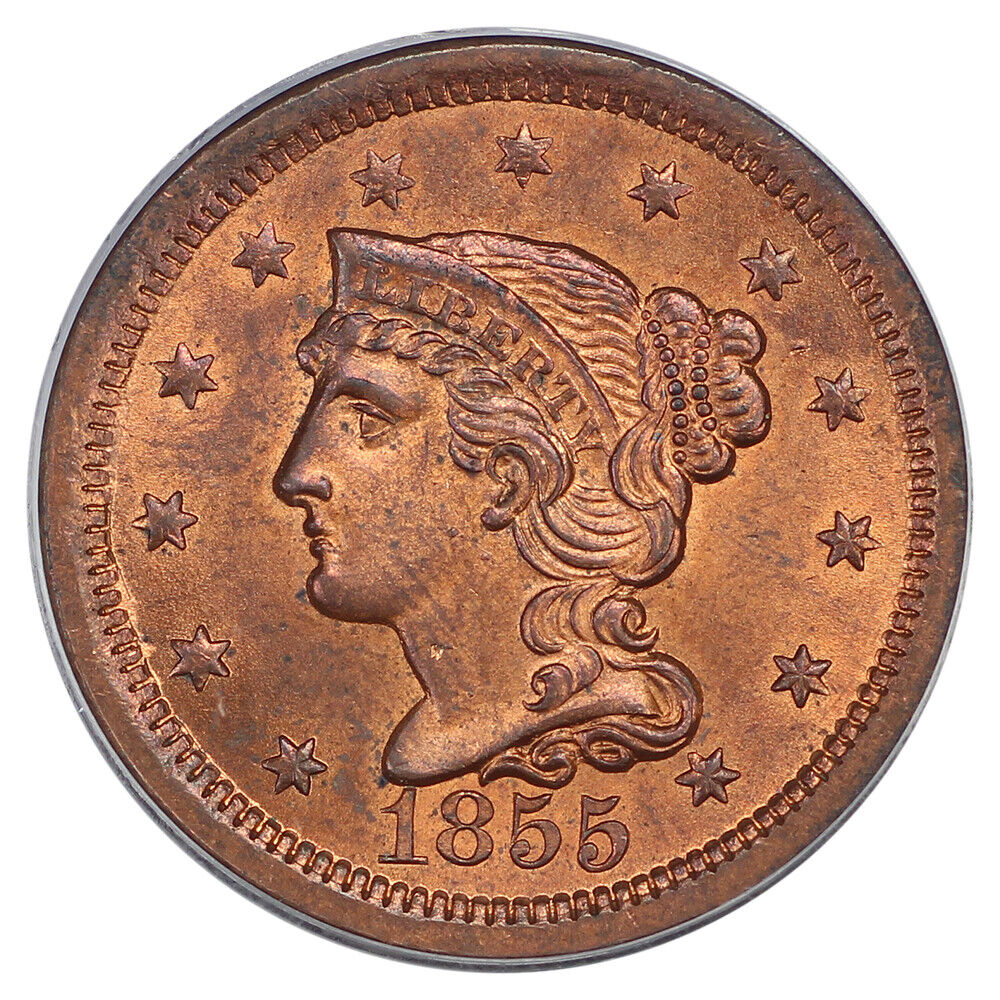 1855 1C PCGS MS64RD (Upright 55) - Braided Hair Cent