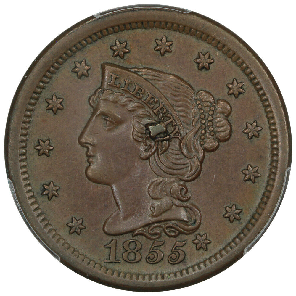 1855 1C PCGS MS62BN (Knob on Ear) - Braided Hair Cent