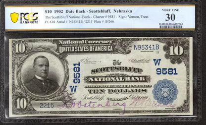 1902 $10 SCOTTSBLUFF NATIONAL BANKNOTE CURRENCY FR.618 NEBRASKA PCGS 30 VF (341B