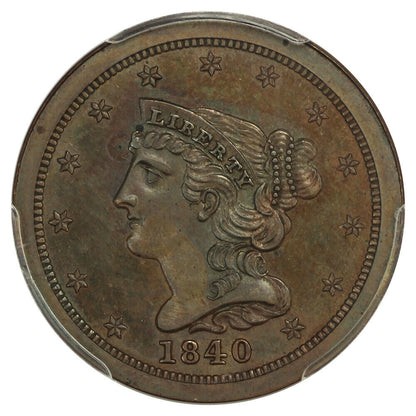 1840 1/2C PCGS/CAC PR64BN (Restrike) - Braided Hair Half Cent