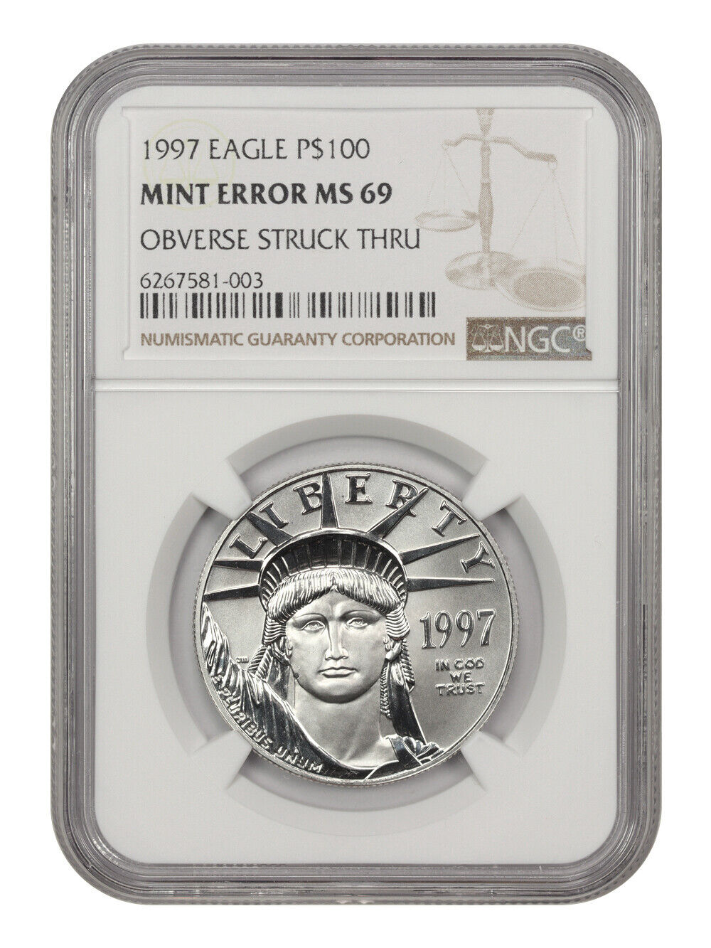 Mint Error: 1997 Platinum Eagle $100 NGC MS69 (Obverse Struck Thru)