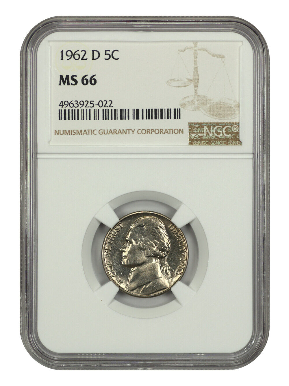 1962-D 5C NGC MS66 - Jefferson Nickel