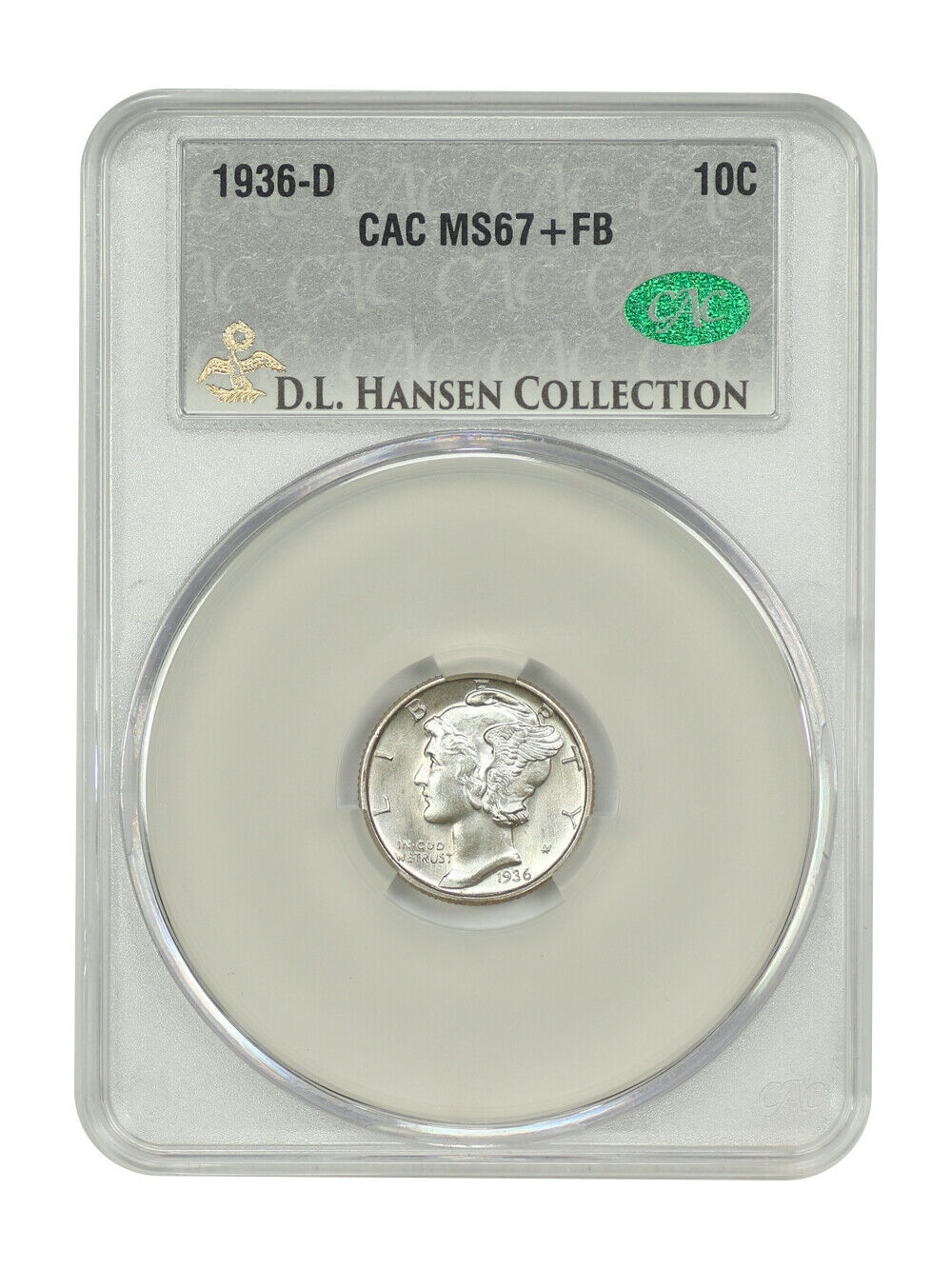 1936-D 10C CACG MS67+FB ex: D.L. Hansen - Mercury Dime