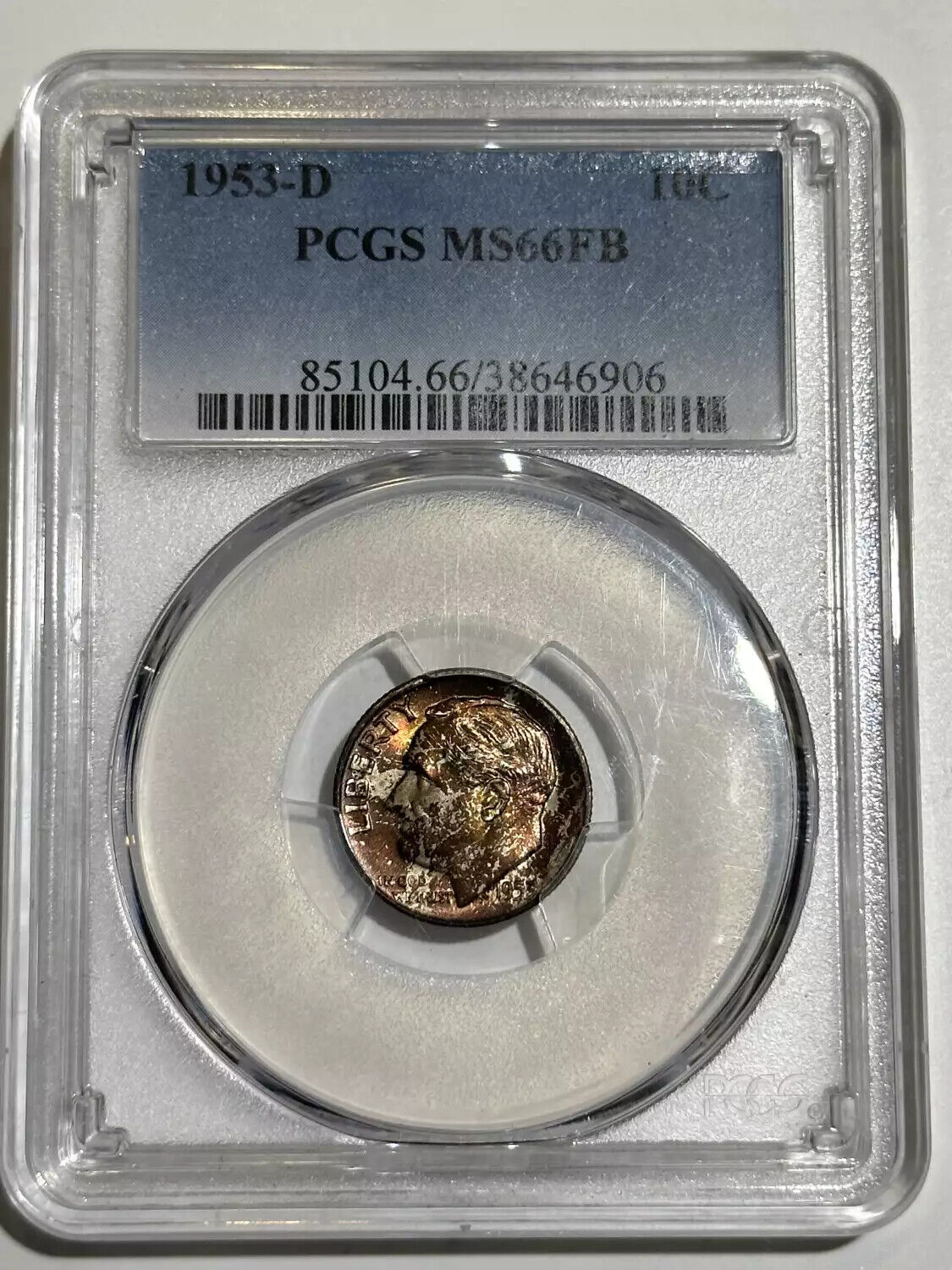 1953 D Dimes Roosevelt PCGS MS-66 FB Rainbow Toning