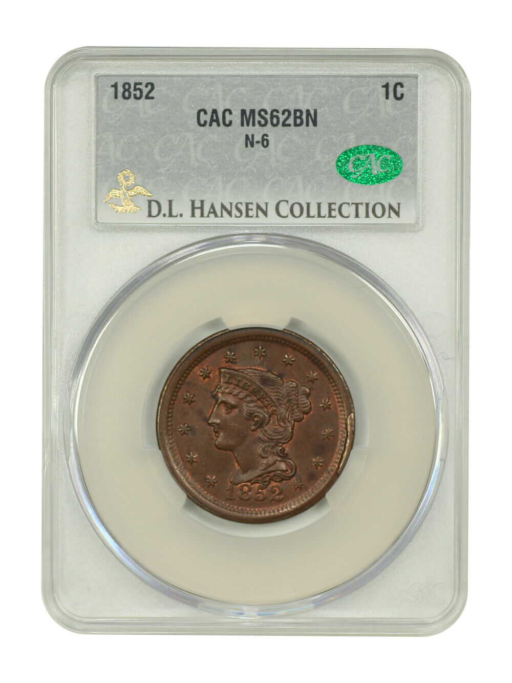 1852 1C CACG MS62BN (N-6) ex: D.L. Hansen - Braided Hair Cent