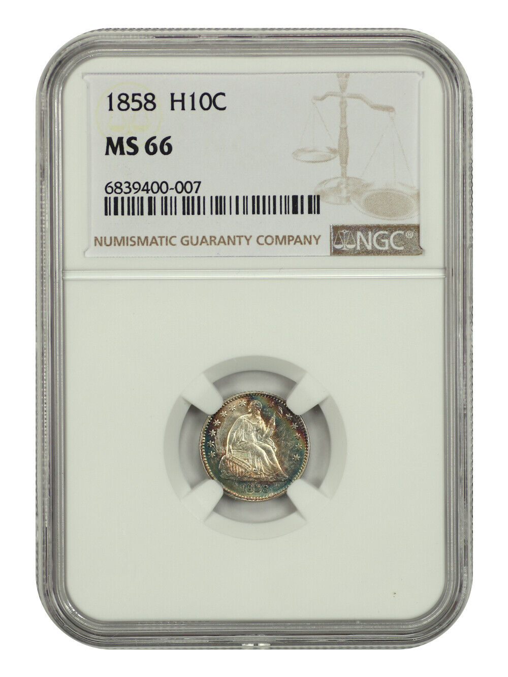 1858 H10C NGC MS66 - Liberty Seated Half Dime