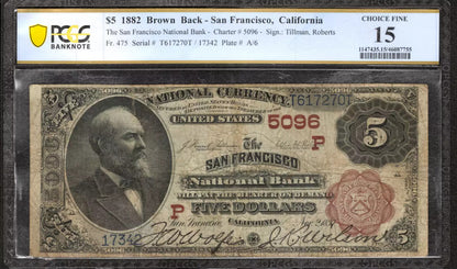 1882 $5 SAN FRANCISCO NATIONAL BANKNOTE CURRENCY CALIFORNIA PCGS 15 FINE (270T)