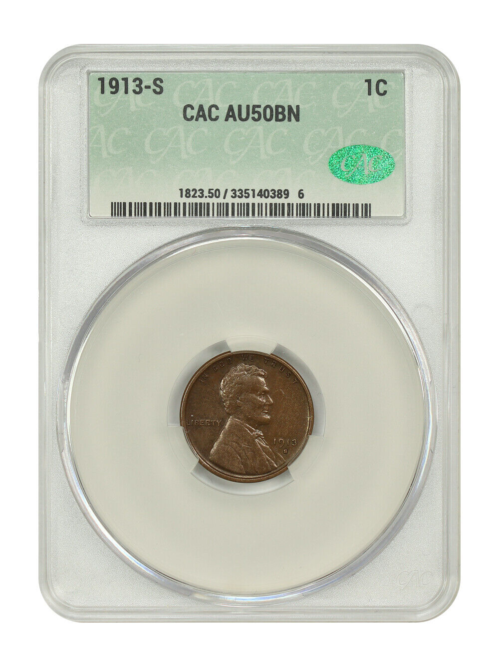 1913-S 1C CACG AU50 - Lincoln Cent (Wheat Reverse) - Underrated S-Mint