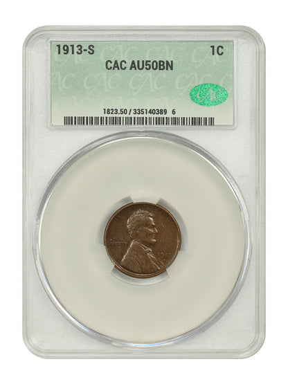 1913-S 1C CACG AU50 - Lincoln Cent (Wheat Reverse) - Underrated S-Mint