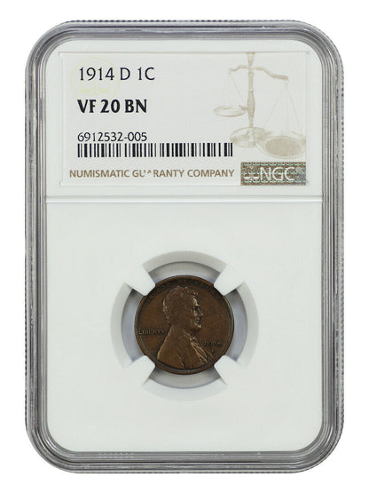 1914-D 1C NGC VF20 - Lincoln Cent (Wheat Reverse) - Key Date