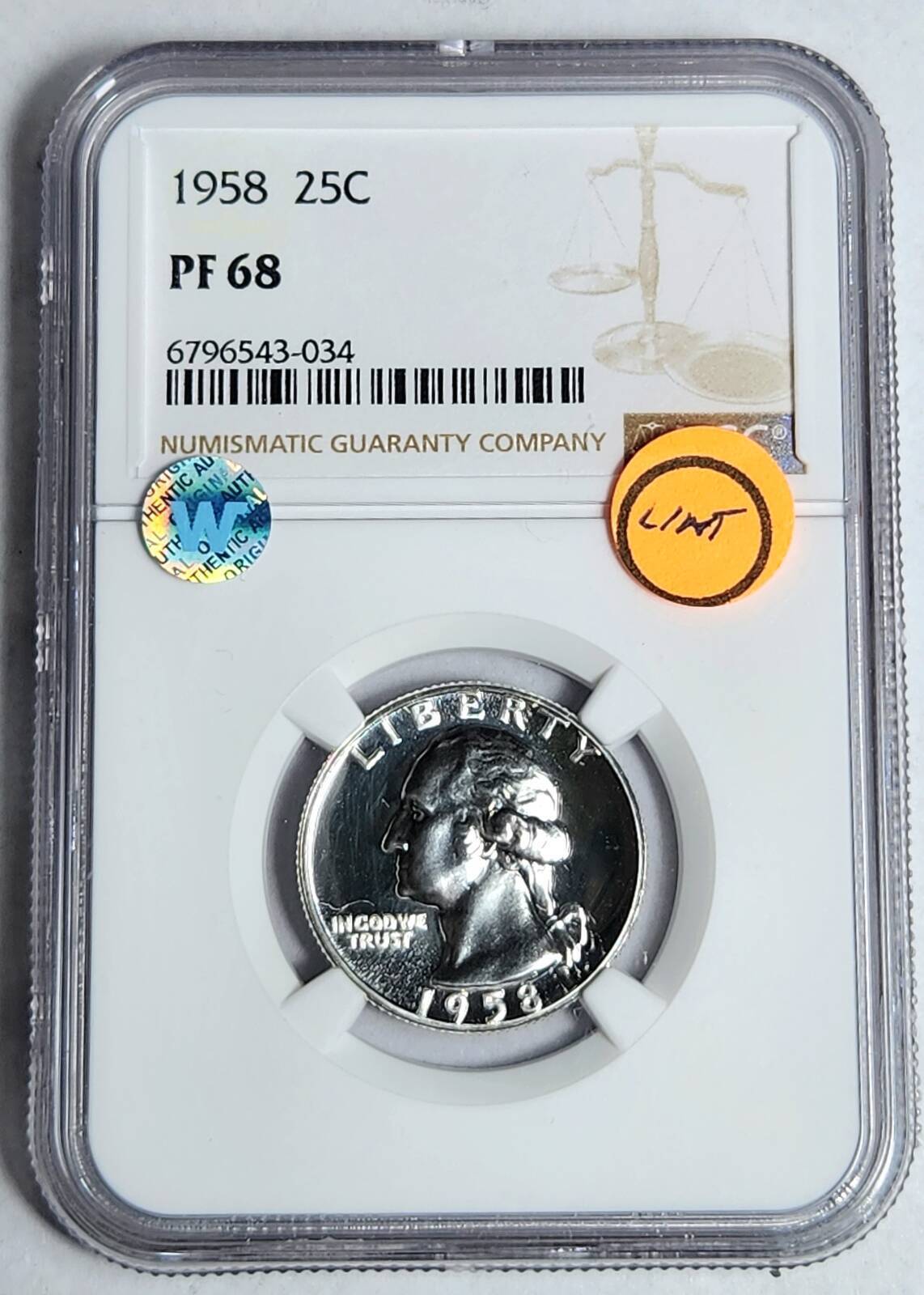 1958 P Washington Quarter NGC PF-68 - LINT ERROR - Sight White