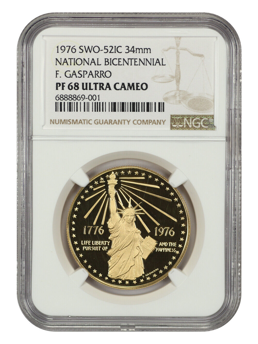 1976 F. Gasparro Bicentennial Medal NGC PR68DCAM (SWO-52IC, 34mm)