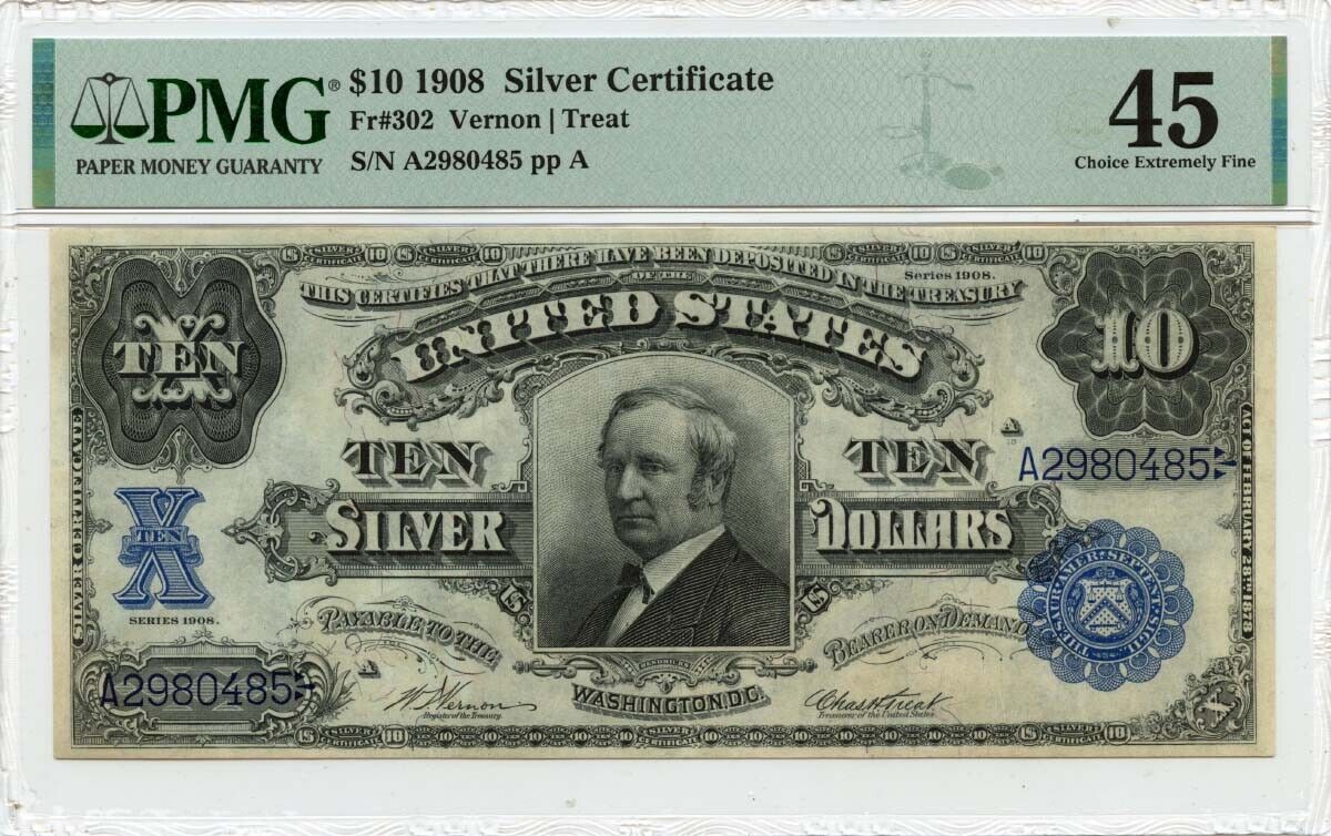 1908 $10 Silver Certificate Tombstone Fr# 302 PMG EF45