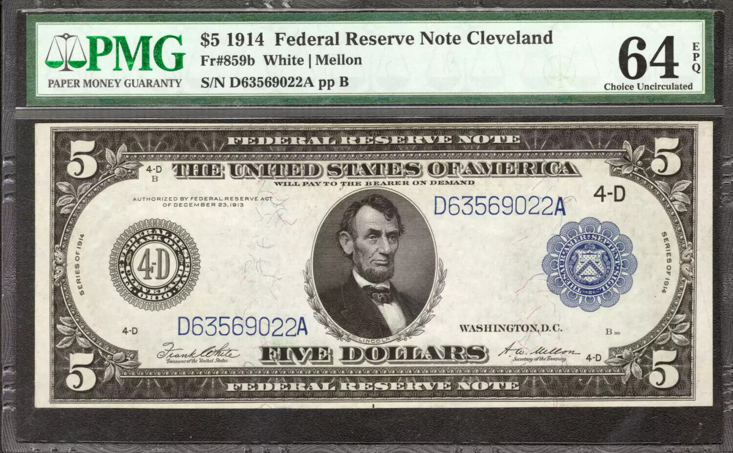 1914 $5 FEDERAL RESERVE NOTE CLEVELAND FR.859b SCARCE NOTE PMG CU 64 EPQ