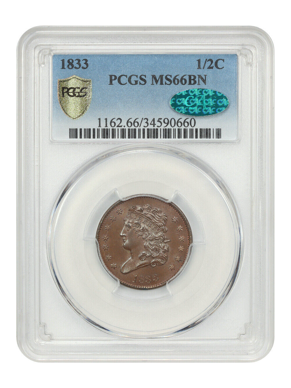 1833 1/2C PCGS/CAC MS66BN