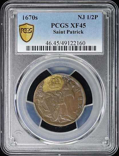 1670's St Patrick 1/2 P New Jersey Colonial Coin PCGS XF45BN