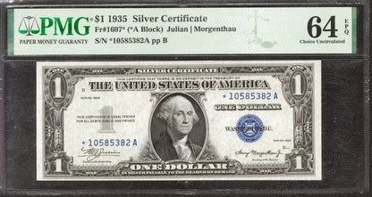 1935 $1 SILVER CERTIFICATE FR.1607* STAR NOTE *A BLOCK PMG CH UNC 64 EPQ (382A)